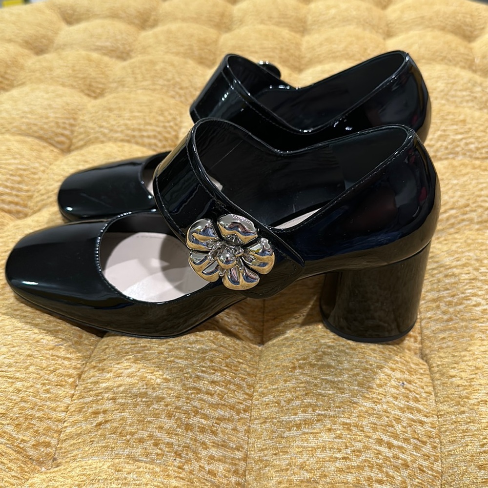 Prada Glossy Leather Block Heels with Silver Flower